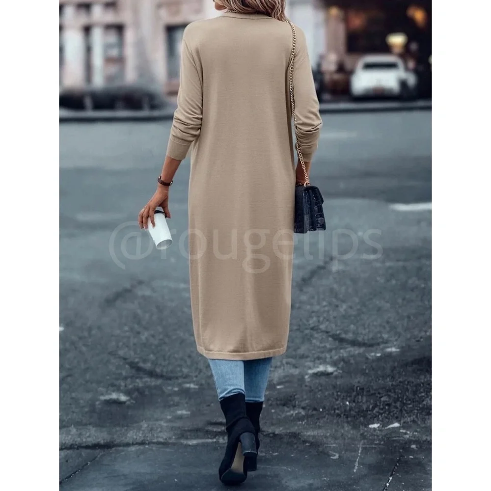 Beige Khaki Tan Light Duster Cardigan Open Long Sleeve  Knit, Stretchy - Picture 4 of 8